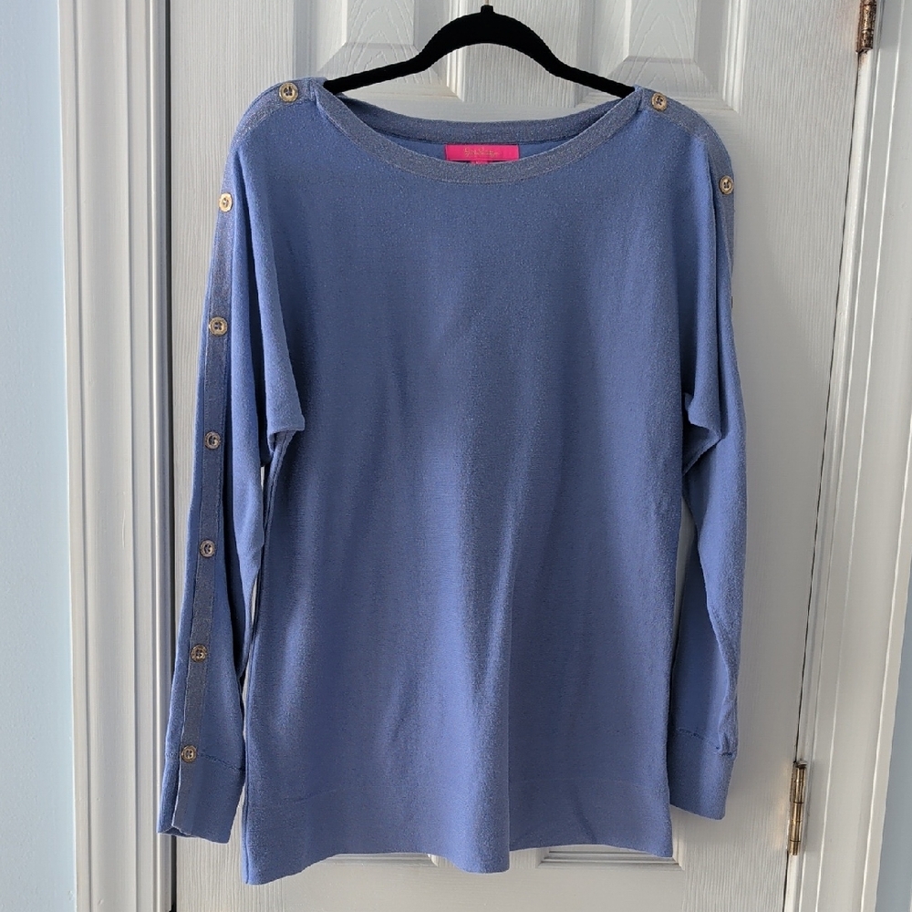 💠 Lilly Pulitzer 💠 Milton Coolmax Top Hyacinth Blue Long Sleeve Top sz L, EUC